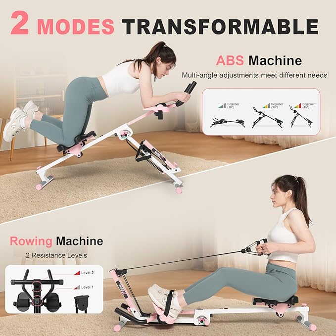 TOUSAINS 3 in 1 Ab Machine, Foldable Rowing Machine & Cable System, Core Trainer for Abdominal Workout, 4-Level Height & 2 Resistance Levels, All-in-One Home Gym Equipment for Weight Loss & Sculpting