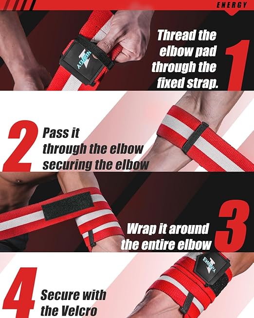 kcross Elbow Wraps for Weightlifting, 47" Strengthening support Elbow Sleeve Weightlifting (1 Pair) for Powerlifting, Bench Press, Gym Workout (Red White Striped)
