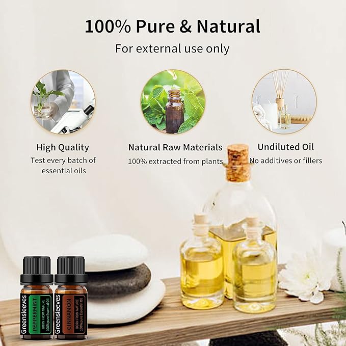 GREENSLEEVES Cinnamon Peppermint Essential Oil Set, 2 x 10ml Pure Plant-Based Fragrance Oil for Aromatherapy, Essential Oils for Diffuser, Massage, Bath Bomb, Scented Candle Soap Making