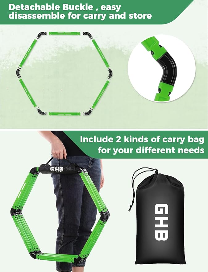GHB Agility Ladder 1 Pack and Hex Agility Rings 1 Pack 12 Rung 20ft with 3 Carrying Bag