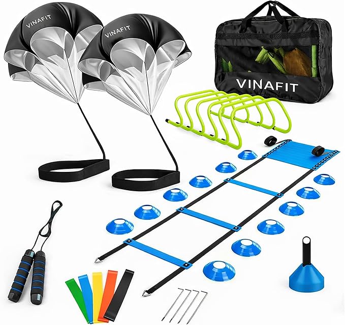 Complete Agility Ladder Training Set - 20ft Speed Ladder, 6 Adjustable Hurdles, 20 Cones, 5 Resistance Bands, 2 Speed Training Parachutes, Jump Rope, Nylon Carry Bag & Stakes