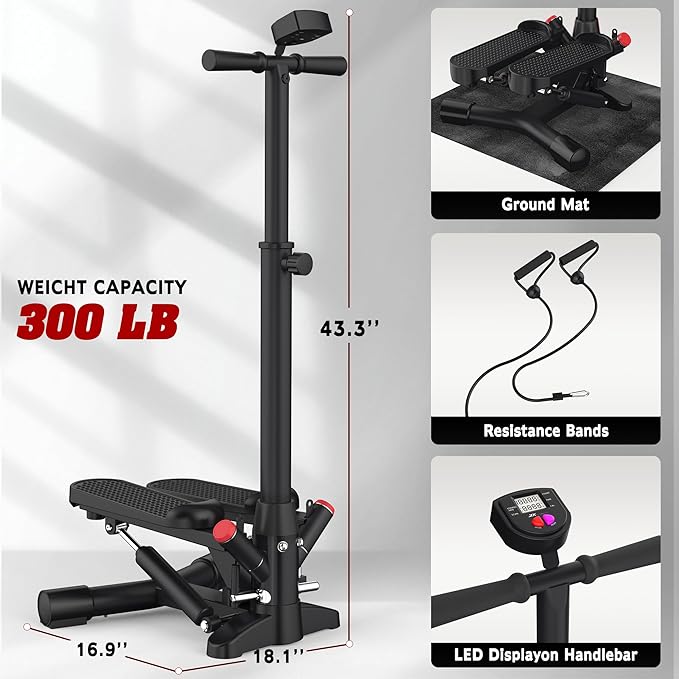 Steppers for Exercise at Home,Mini Stair Stepper with Handlebar and Resistance Bands,Stair Step Workout Machine,Total Body Cardio Equipment, Optional Twist Motion,Non-Slip Pedals – 300 LB Max Weight