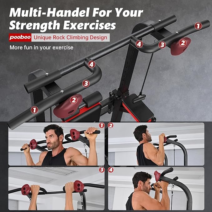 Pooboo Power Tower Dip Station Pull Up Bar for Fitness Home Gym Workout,450 Pounds Multi-Function Adjustable Height Fitness Strength Training Exercise Equipment,with Power Elastic Ropes