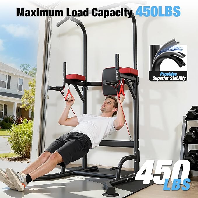 Dskeuzeew Power Tower Pull Up Bar Station, 450LBS Stable Power Tower Training Heavy-Duty Fitness Equipment for Home Gym