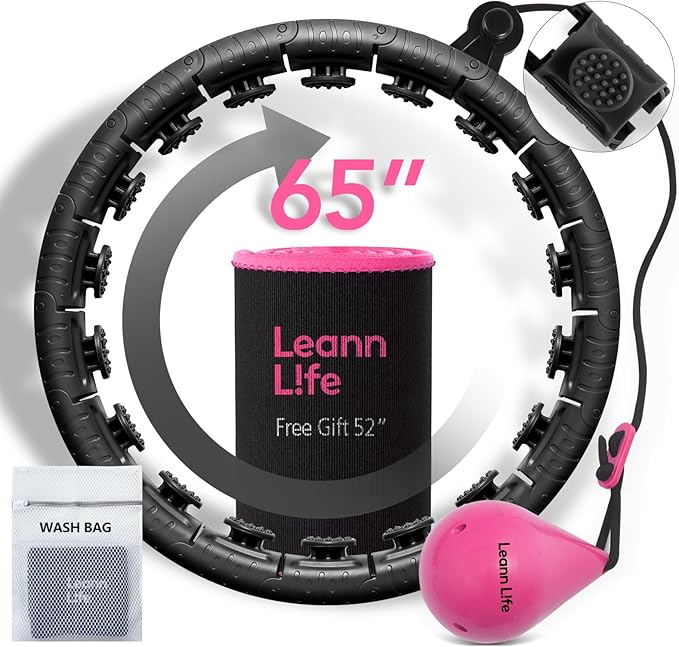 U2 Black-32 Knots 19”- 65”, Detachable & Size Adjustable Weighted Hula Hoop for Kids Adults Weight Loss, Infinity Hoop Plus Size, Abdominal Toner,5 Color Balls, Free Waist Trimmer&Wash Bag