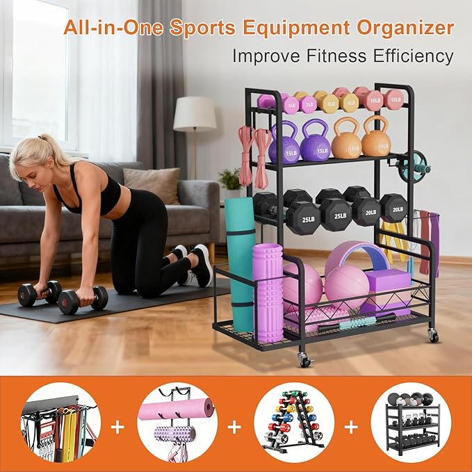 Dumbbell Rack, Adjustable Weight Rack for Home Gym Storage with 4 Wheels, Side Basket, Hooks, Multipurpose Metal Dumbbell Stand for Kettlebells, Yoga Gear, Strength Training Equipment, Black