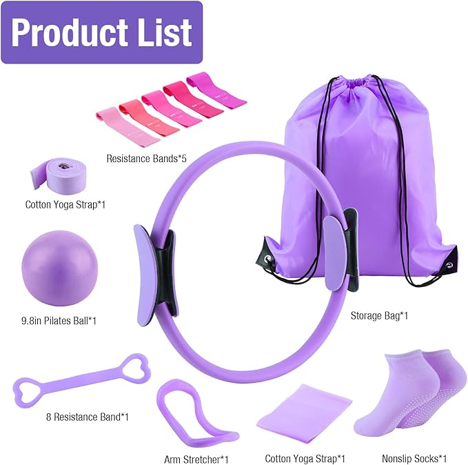 ASIEIT 13 PCS Pilates Kit for Women, Home Pilates Equipment with 5 Resistance Bands, 14'' Magic Circle, Pilates Ball and Ring, Compact Workout Set for Home Workout, Strength and Flexibility