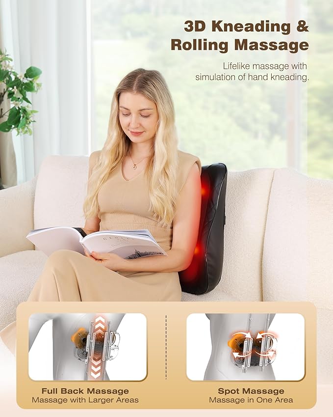 KINGJOY Back Massager for Pain Relief Deep Tissue, Full Back Massager with Heat, 3D Kneading Massage Pillow with 3 Intensities for Back, Neck, Shoulder, Spot Massage, Gifts for Women Man