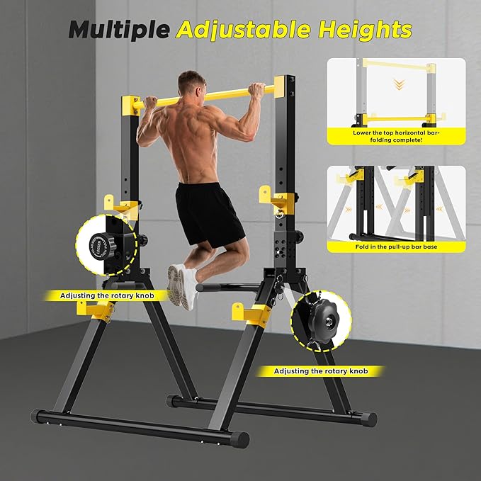 DlandHome Foldable Power Tower Pull Up Bar Dip Station, Adjustable Height Multifunction Workout Pull Up Tower Station for Home Gym, Strength Training Equipment, Triangular Legs, Up to 330lbs