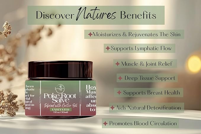 Poke Root & Castor Oil Salve - Cysts, Boils, Fibroids, Swollen Lymph Nodes, Breast & Joint - Vegan Lymphatic Support Massage Balm - Natural Deep Tissue Relief Ointment - Handmade in The USA