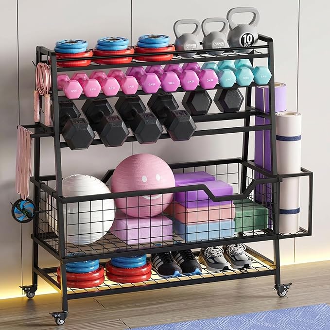 Dual-Sided Dumbbell Rack with Hooks & Wheels, Adjustable Home Gym Storage Rack for Dumbbells, Kettlebells, Balls, Yoga Mats, Ab Roller, Weight Rack Organizer for Workout Equipment