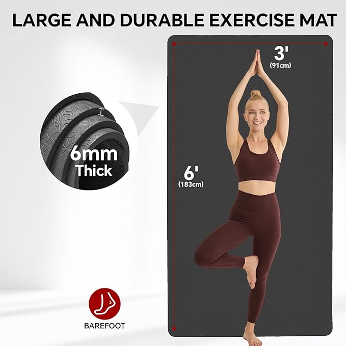 Extra Large Yoga Mat 6'x4'(1/3" & 1/4" Thick), Non-Slip, Ultra Durable, Wide Workout Mat, Wide Exercise Mats for Home Workouts, Yoga, Pilates, Stretching (Barefoot Exercise)