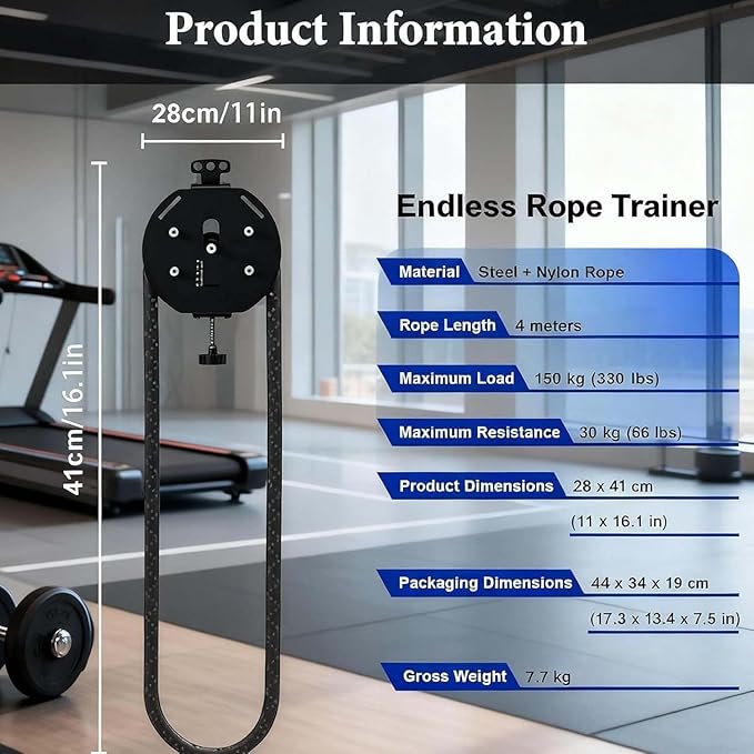 Gym Pull Rope Machine, Endless Rope Trainer with Pulley System, for Muscle Building and Endurance. This Compact Home Gym Equipment is Excellent for Back Training, Arm Exercises.