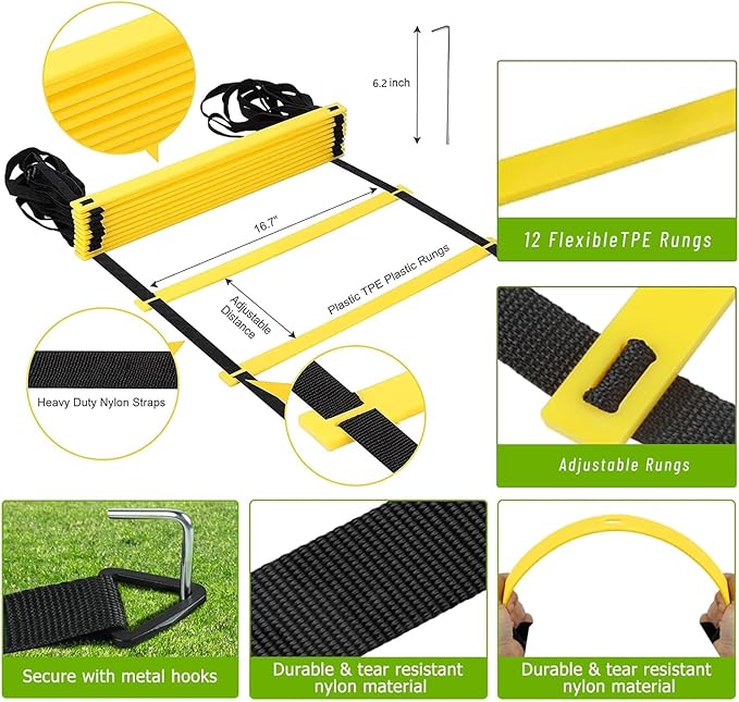 Agility Training Set for Soccer & Football - 20FT Speed Ladder, 12 Cones, and Training Aids for Kids Youth Sports Practice, Footwork Drill Kit