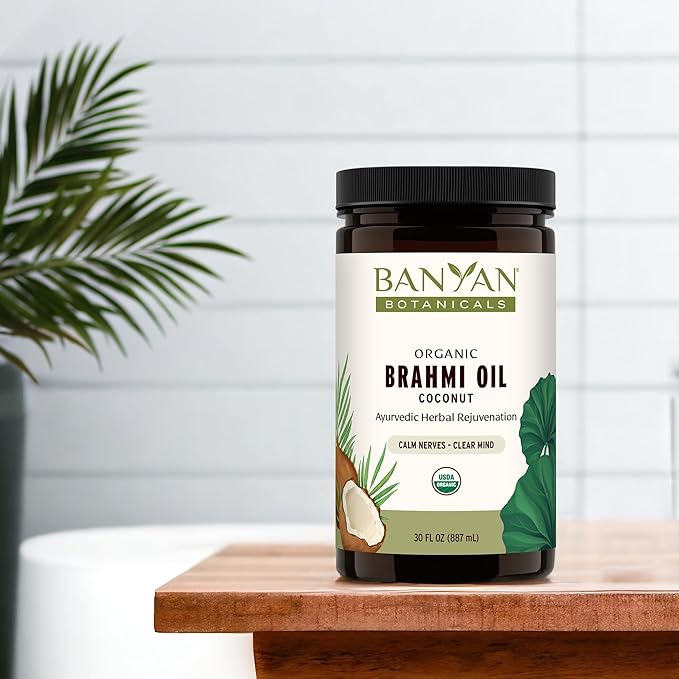 Banyan Botanicals Brahmi Oil in Coconut Base – Organic Ayurvedic Massage Oil with Gotu Kola and Bacopa ­­– Calming Massage Oil for Focus & Relaxation – 30 oz – Non GMO Sustainably Sourced Abhyanga Oil