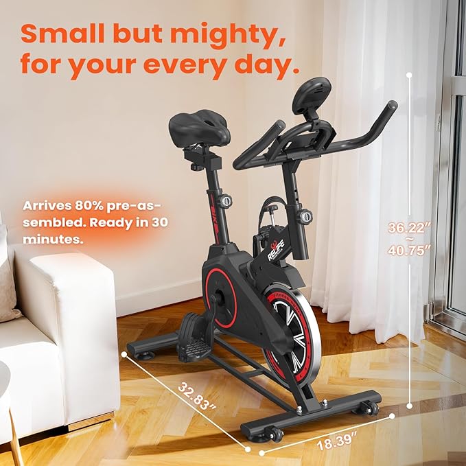 RELIFE REBUILD YOUR LIFE Exercise Bike Stationary for Home Indoor,Cycling Bike with Silent Belt Drive for Home Cardio,Brake Pad Resistance with djustable & Comfort Seat/PAD Holder/LCD Monitor.