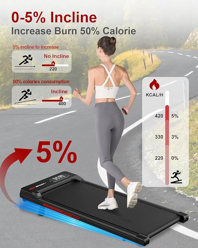 Incline Walking Pad with Handle Bar, Foldable Portable Under Desk Treadmill for Home Office, Ultra Quiet <45dB, Safety Lock, 300+ LB Capacity