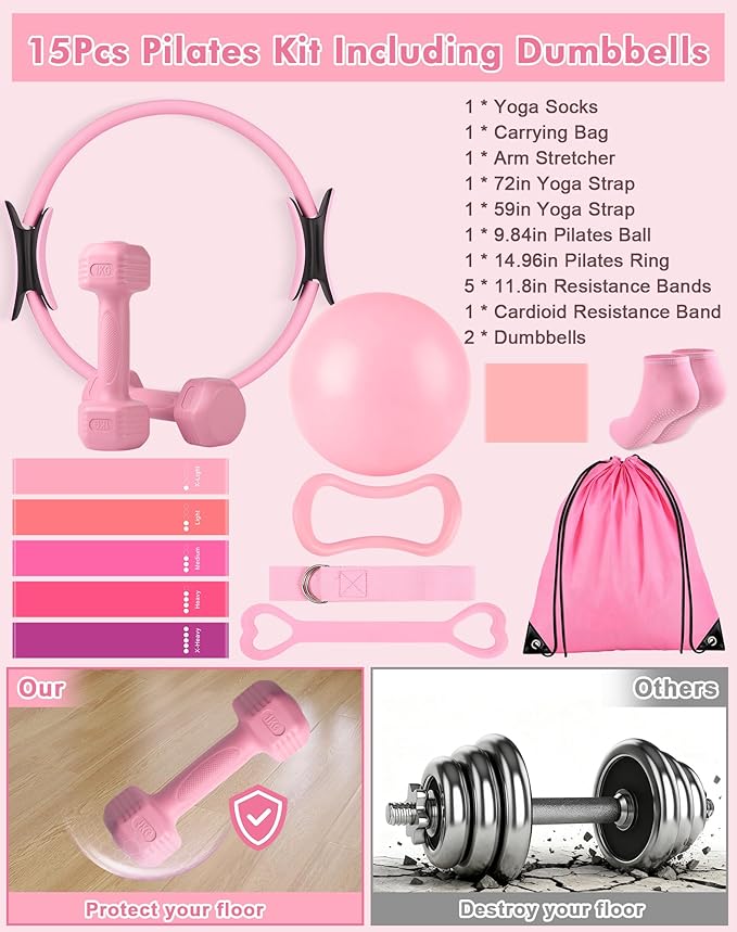 13/15Pcs Pilates Kit for Women, Pilates Equipment for Home Workouts with Magic Circle, Ball, Resistance Bands, Pilates Starter Set for Strength, Toning and Flexibility