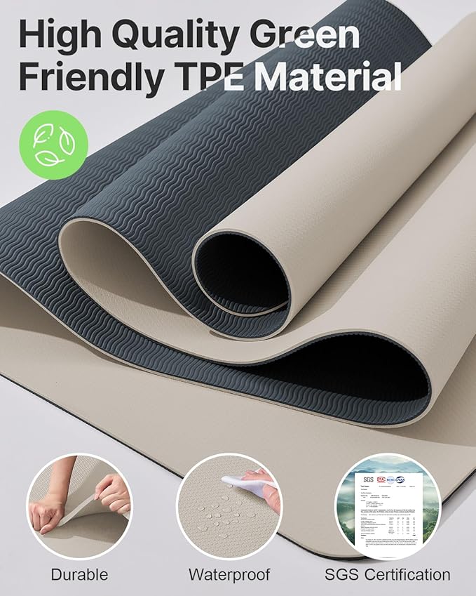 Yoga Mat,Non-Slip TPE Exercise Mat(1/4 Inch) for Pilates, Fitness & Barefoot Workouts, Home Gym Studio with Strap & Bag