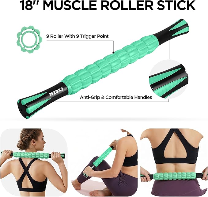 Muscle Roller & Massage Roller Stick for Athletes - Lymphatic Drainage Support, Relieves Muscle Soreness, Cramping & Tightness - Targets Legs, Arms, Back & Calves （Mint Green - 18inch）
