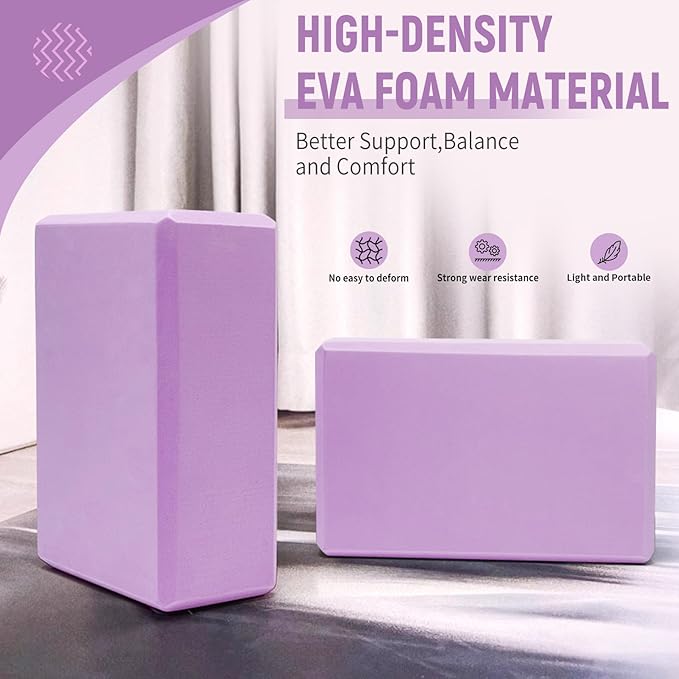 Yoga Blocks 2 Pack 9x6x3 Inches, Sturdy Foam Yoga Block, Premium EVA, Non Slip High Density for Pilates Meditation, Stretching and Toning