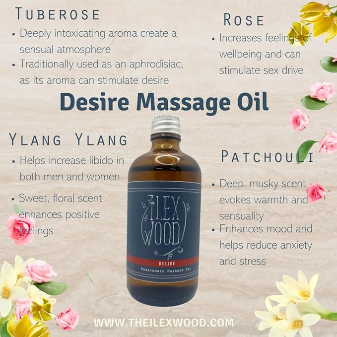 The Ilex Wood - Desire - Vegan Natural Passionate Spa Massage Oil, Handmade - 3.38 fl oz (100ml)