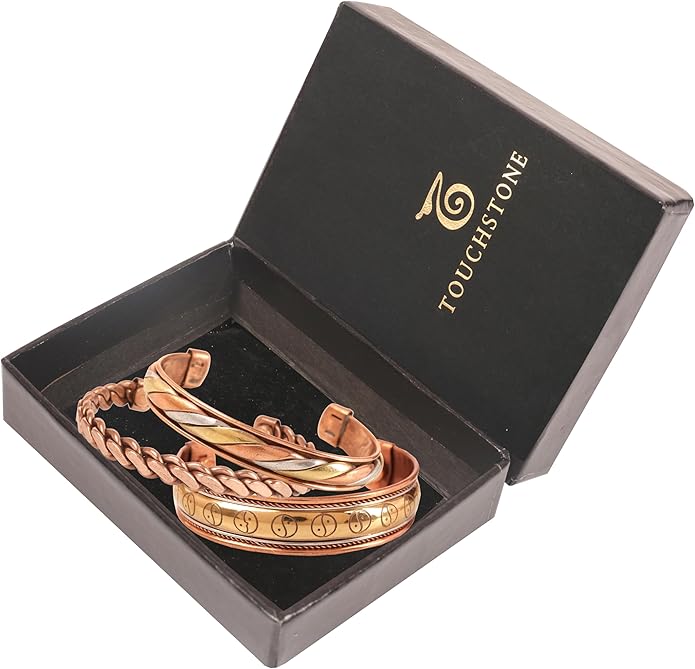 Touchstone copper bracelets | gift for men women |adjustable 100% pure solid real magnetic jewelry | handmade bracelet set combo | rope braided tibetan bangles.