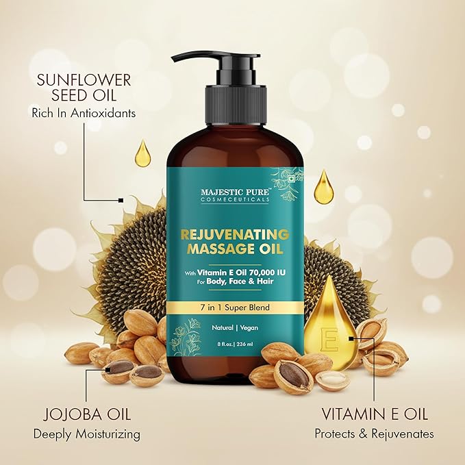 MAJESTIC PURE Vitamin E 70k Blend Massage Oil for Massage Therapy- Refreshing and Relaxing- Natural Oils with Almond, Jojoba, Argan & Avocado for All Skin Types- Men and Women Massage Lotion- 8 fl oz