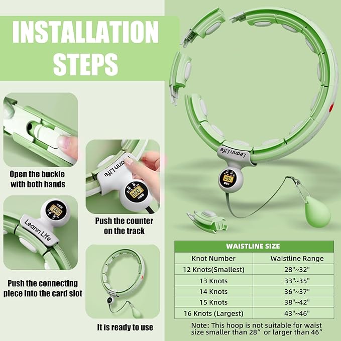 U5 Smart Weighted Hula Hoop with Counter – 16 Knots, 28"–46" Adjustable Infinity Hoop Plus Size, Quiet Rubberized Wheels, Ab Workout, Home & Outdoor Fitness, Weight Loss, Abdominal Toner