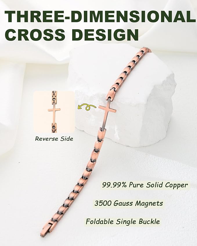 MagEnergy Copper Magnetic Bracelet for Women, Cross Copper Bracelet with 3500 Gauss Magnets, Adjustable, Christian Jewelry Gift