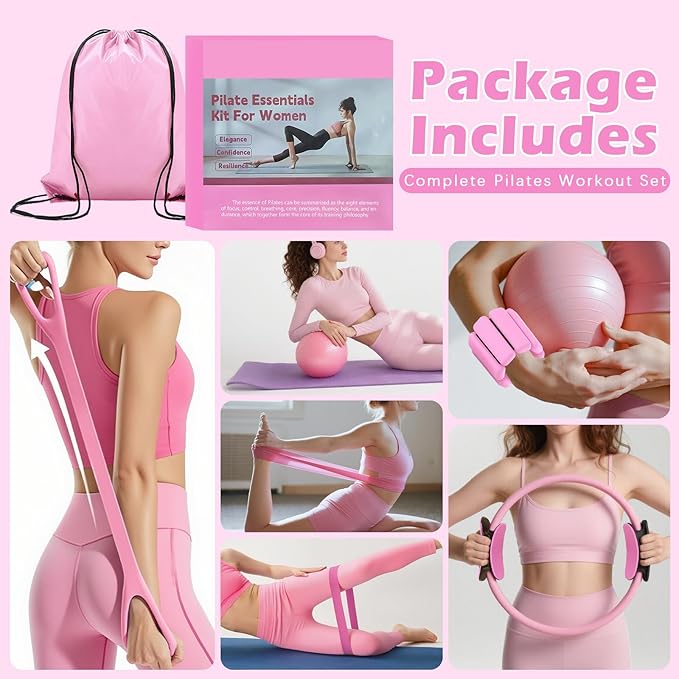 Pilates Kit for Home Workouts – Pilates Equipment Set with Ring, Ball, Resistance Bands, Pilates Accessories, Pilates Essentials Kit for Women, Pilates Sets for Home Exercise