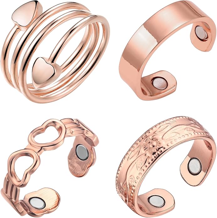4PCS Copper for Women,99.99% Pure Copper Magnetic Thumb with Magnet,Lymphatic Jewelry Gifts for Womens(Vintage Floral & Heart Set) (Rose SET)