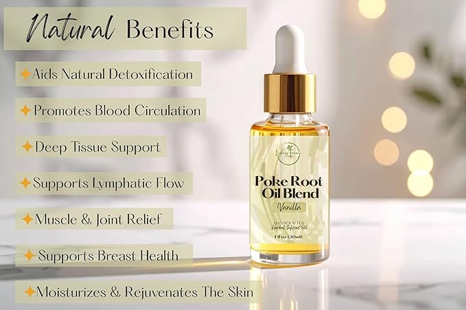 Organic Poke Root Oil with Castor Oil & Vanilla for Cysts, Boils, Fibroids, Swollen Lymph Nodes, Breast & Joint - Vegan Lymphatic Support Massage Oil - Handmade in The USA