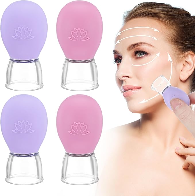 4Pcs Facial Cupping Therapy Set, Silicone Face Cupping Kit for Massage, Anti Cellulite Cup Massage Tool Vacuum Suction Cup for Eye Face Vacuum Massager