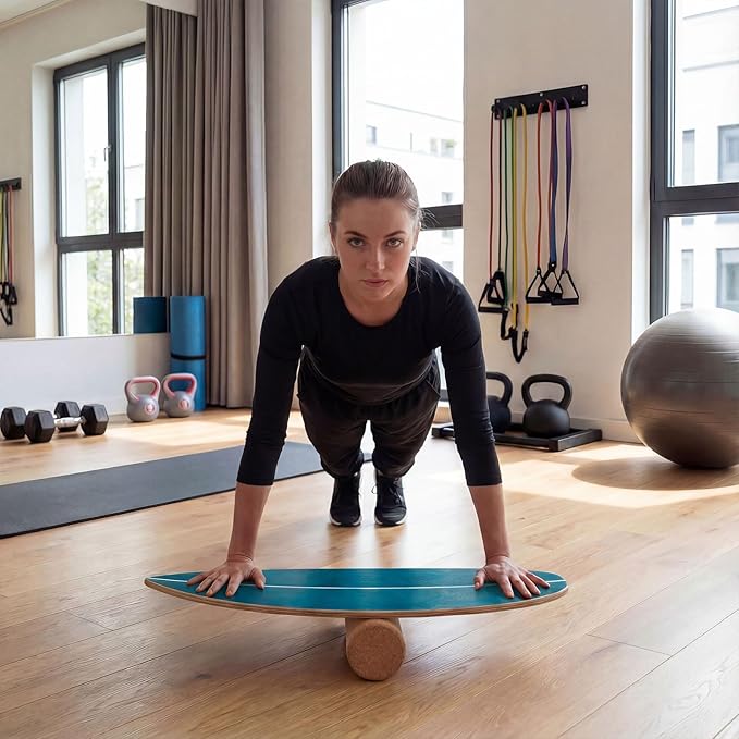 Goplus Balance Board Trainer for Adults, Wooden Balancing Board with Cork Roller and Storage Rack to Exercise and Build Core Strength, Wobble Board for Skateboard, Snowboard
