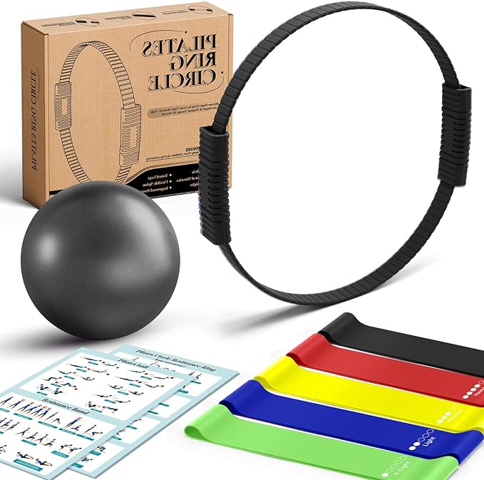 Pilates Kit, Pilates Ring and Ball Set with 5-Level Resistance Bands for Core Strength, Stretching, Toning & Full Body Home Workout Pilates Equipment