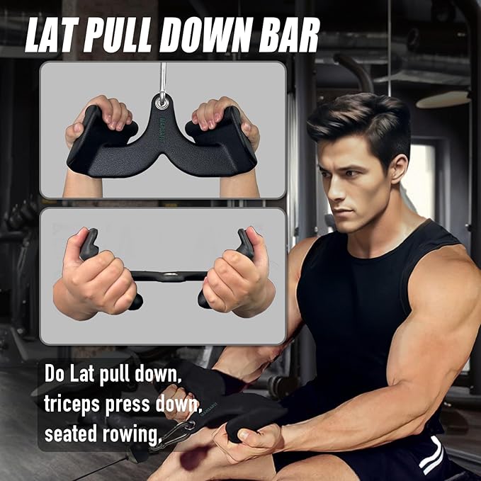 Home Gym Fitness Rowing T-bar V-bar Pulley Cable Machine Attachment, Bicep Curl Tricep LAT pulldown Bar Back Strength Training Handle Grips LAT Pull Down Bar for Seat Row Workout