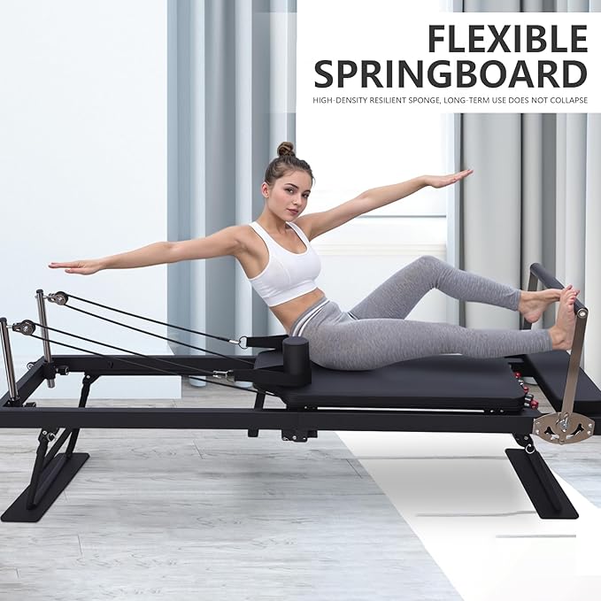 Foldable Pilates Reformer Machine, Home Fitness Equipment, Aluminum Sliding High Platform Design, 120kg Load-Bearing Portable Roller, 197cm Multifunctional Yoga Exerciser