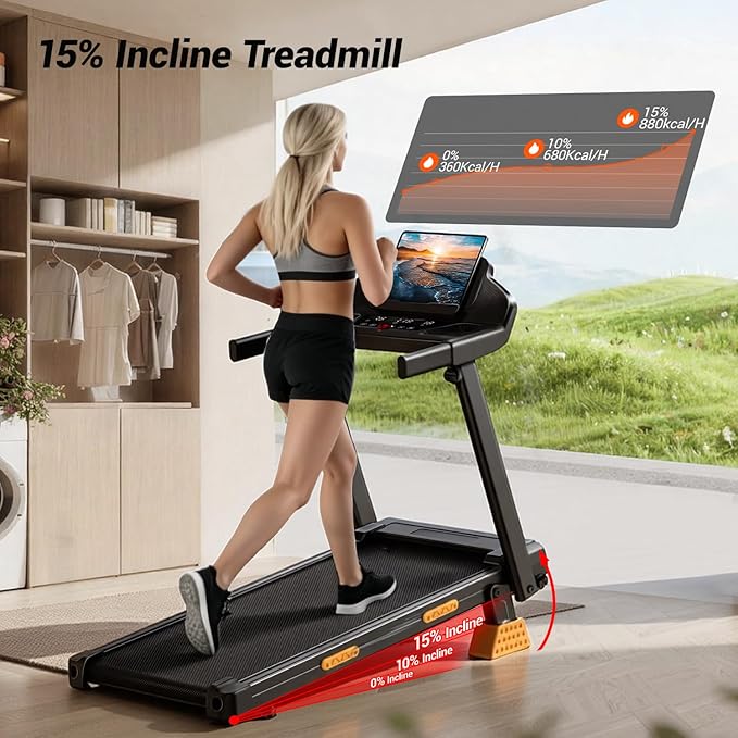 LONTEK Treadmills for Home with 15% Incline & Led Screen, 7-Layer Shock-Absorbing Foldable Treadmill with Handle Bar Up to 400lbs Capacity, 3.0HP Quiet Walking Pad Treadmill 0.6-7.5MPH