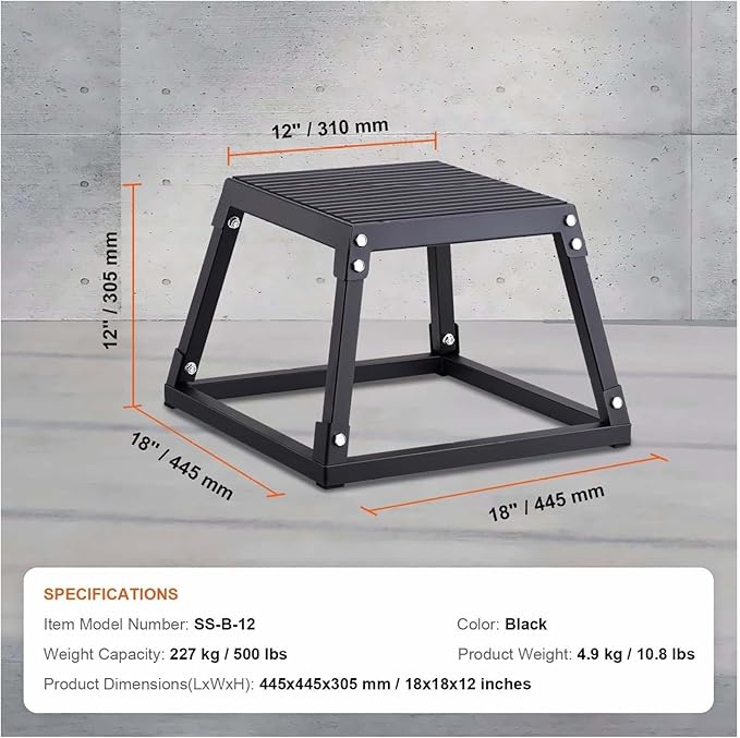 Plyometric Jump Box 12 Inch, Steel Plyo Box for Fitness, Agility Box for Home Gym - Step Up Platform for Strength Training, Conditioning - Black