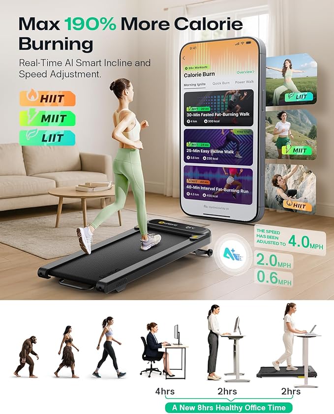 Smart Treadmill with 9% Auto Incline, Hiking and Running Walking Pad Treadmills for Home Office, Treadmill with UREVO APP, AI Powered Music Course, HIIT Programs Synced to Scenic Route, One-Click Mute