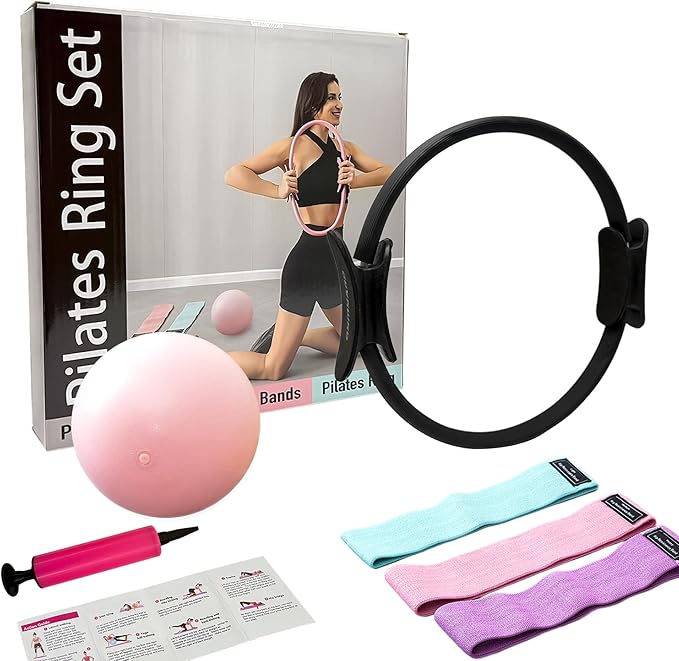 Pilates Ring Set, 15" Pilates Ring, Mini Ball, 3 Resistance Bands & Pump Kit, Home Workout Kit for Toning Arms, Thighs & Core