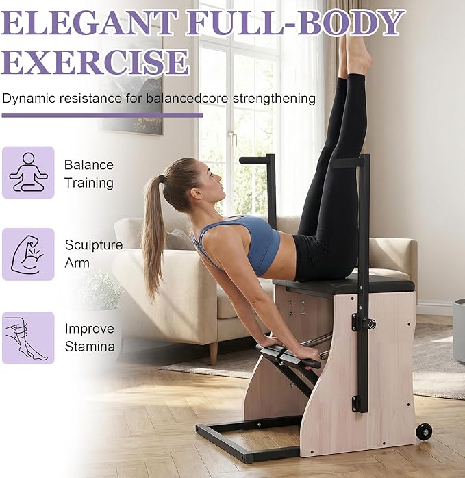 Generic Oak Wood Pilates Chair Split-Pedal Stability Combo Chair with Resistance Bands Handles and Split Pedals for Compact Home Gym Equipment Full-Body Workout