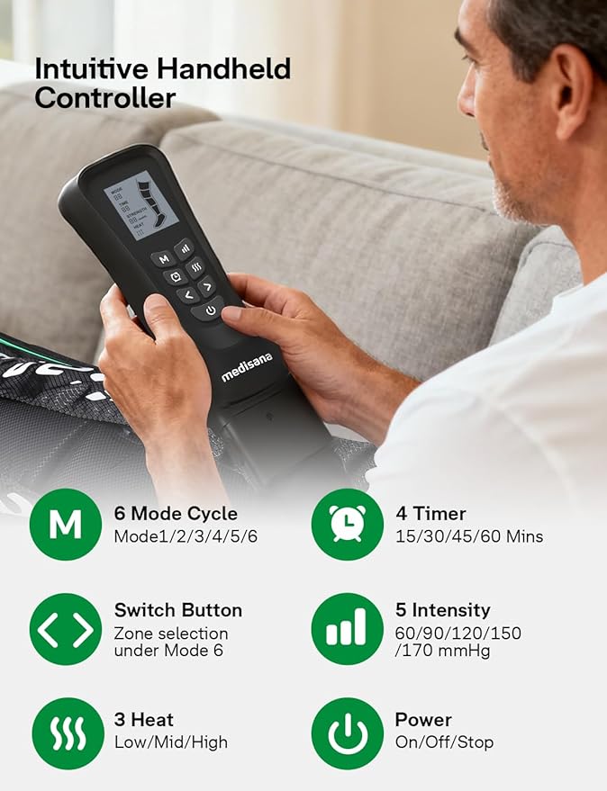 Medisana Leg Massager with Heat and Compression, Full Leg & Foot Massager Compression Boots with 6 Modes, 5 Intensity and 3 Heat for Circulation and Pain Relief - Gifts for Mom, Dad, Athletes, Gym
