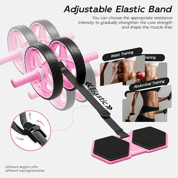 Double-Wheel Ab Roller for Core Training – Rebound Design with Adjustable Elastic Band, Silent Non-Slip Wheels, Detachable Build, Knee Pad & Bands – Home Gym Gear for Men/Women