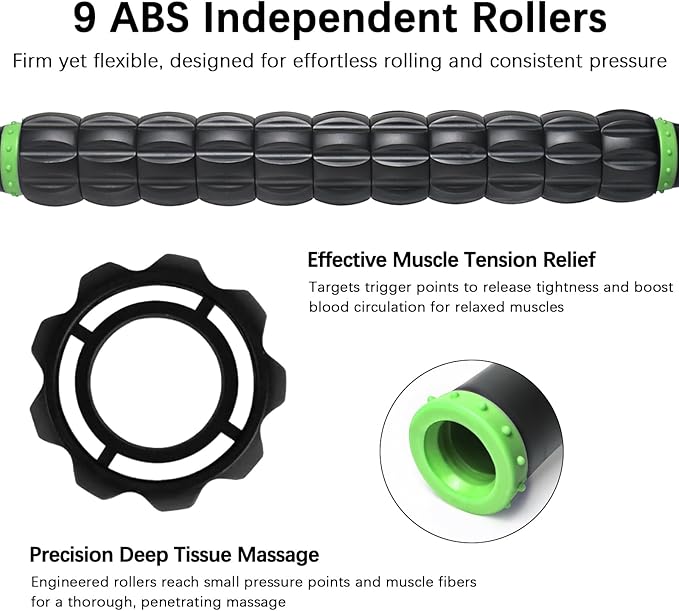 Muscle Roller Massage Roller Stick- Deep Tissue Fascia Blaster for Myofascial Pain Relief, Lymphatic Drainage & Body Sculpting, Handheld Physical Therapy & Recovery Tool (Green black-18 inch)