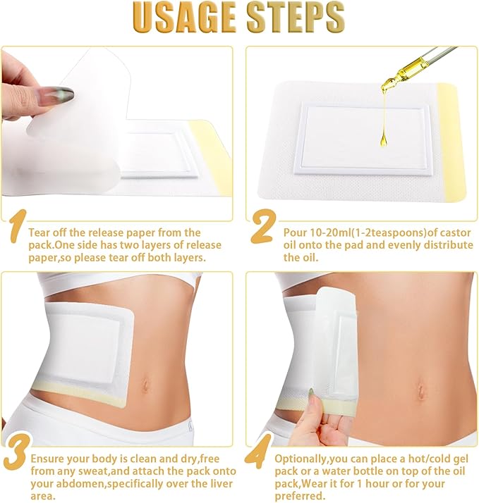 50 Pcs Disposable Self-Adhesive Organic Castor Oil Pack Wrap for Waist,Hands and feet, Navel, Thyroid Gland，Highly Absorbent Castor Oil Pack Wrap Easy to Use