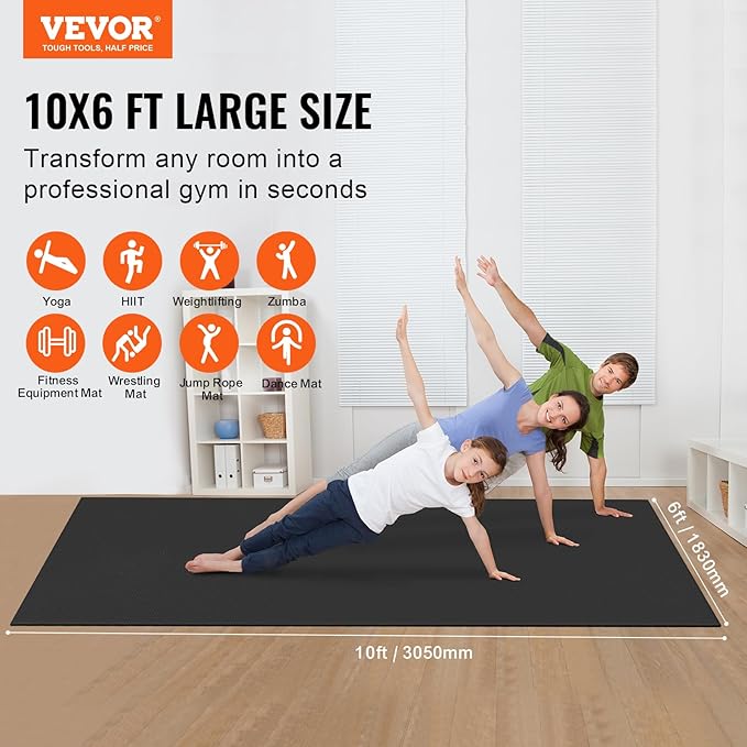 VEVOR Large Exercise Mat, 12'x6'/10'x6'/9'x6'/8'x6'/8'x5'/7'x5'/6'x4' (7mm) Extra Thick, Non Slip High Density Premium Workout Mat, Exercise Yoga Mat for Men & Women, Fitness & Exercise Mat with Bag & Carry Strap, for All Types of Home Yoga, Pilate & F...