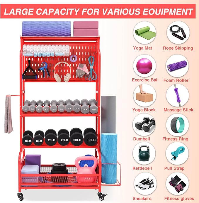 56'' Taller Home Gym Storage Organizer, Yoga Mat Storage Rack with Hanging Board, Exercise Workout Equipment Storage Stand for Home Gym, Dumbbell Holder Kettlebell Rack with Wheels and Hooks