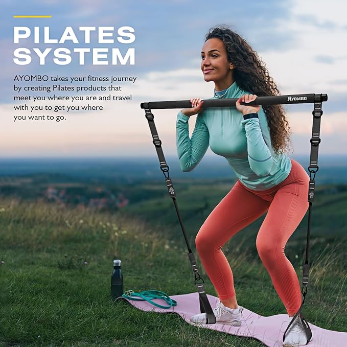 Pilates Bar Kit with Resistance Bands, Pilates Workout Equipment for Legs, Hip, Waist, Arm, Squats Exercise Equipment for Home Workouts, Adjustable 3-Section Pilates Bar Kit for Women & Men